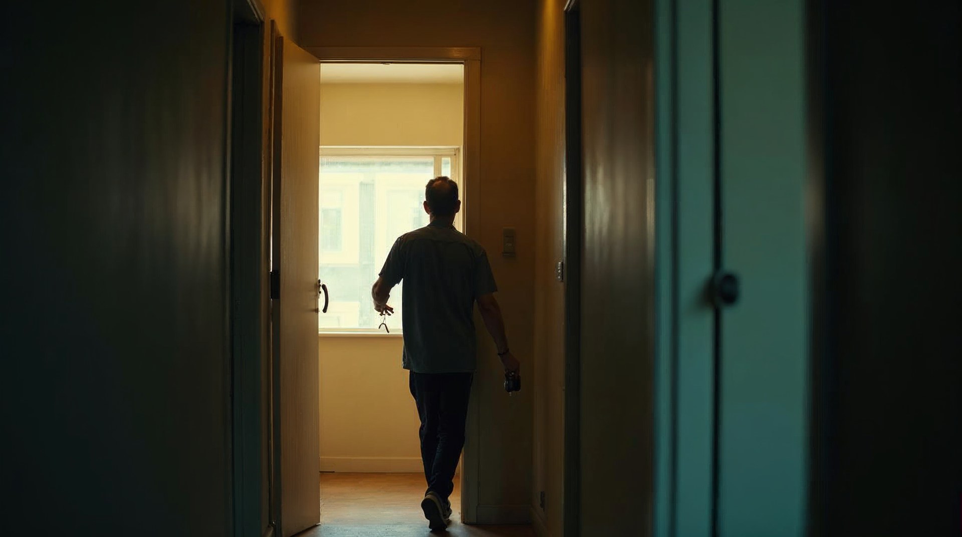 Residence manager unlocking a vacant apartment door along a quiet hallway with afternoon light from the far window