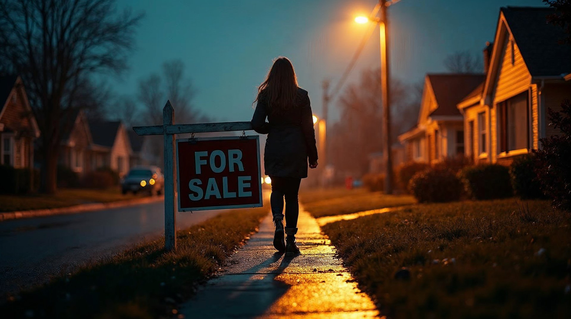 Agent driving a for-sale sign into a wet front lawn at dusk with a streetlamp flaring behind her
