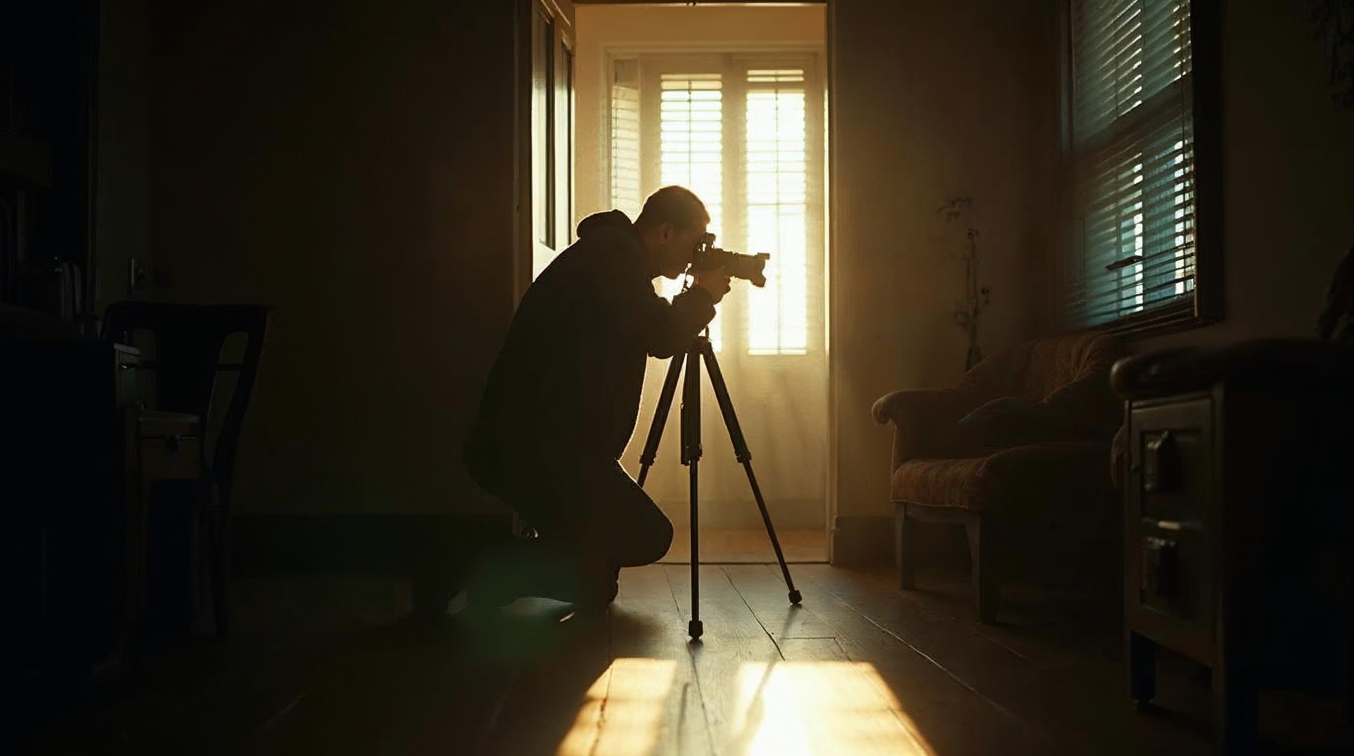 Photographer crouched in a doorway shooting an empty living room with low winter sun through venetian blinds