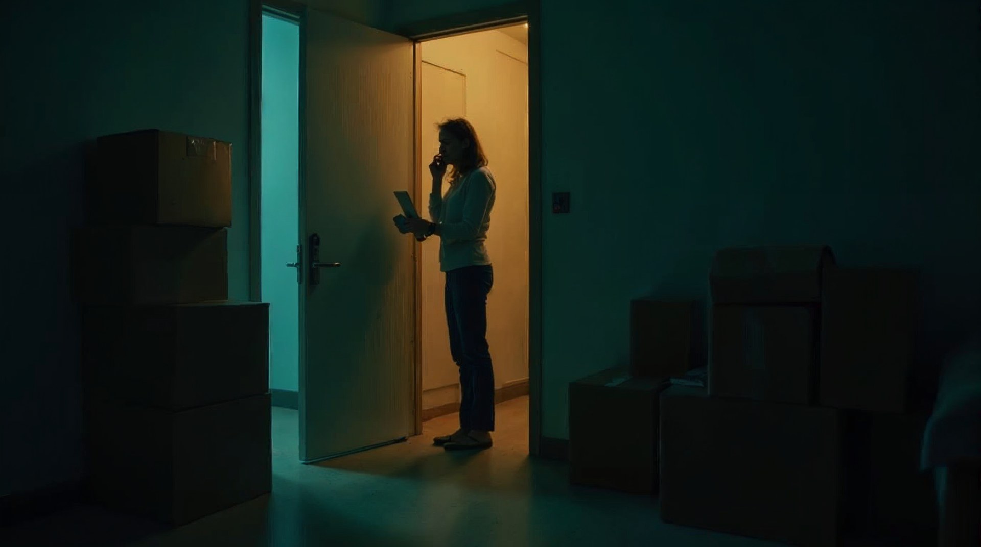 Agent alone in an empty listing at night on the phone, lit by a single floor uplighter beside stacked boxes