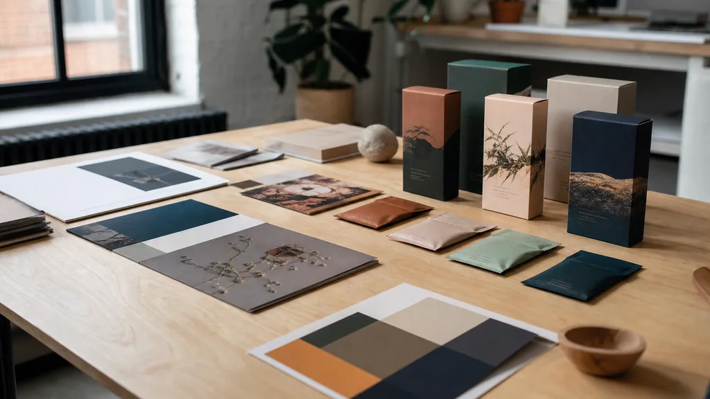Editorial photograph of printed brand boards and bilingual packaging proofs on a birch table in a Mile End design studio