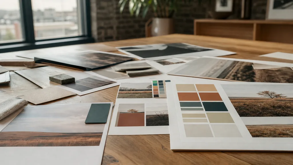 Editorial photograph of printed brand boards and colour proofs on an oak table in a sunlit Oklahoma design studio