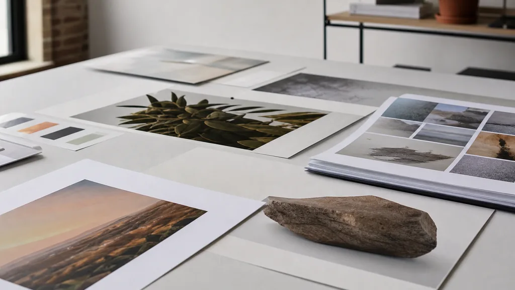 Editorial photograph of printed identity boards and annual report proofs on a pale table in a midwestern design studio