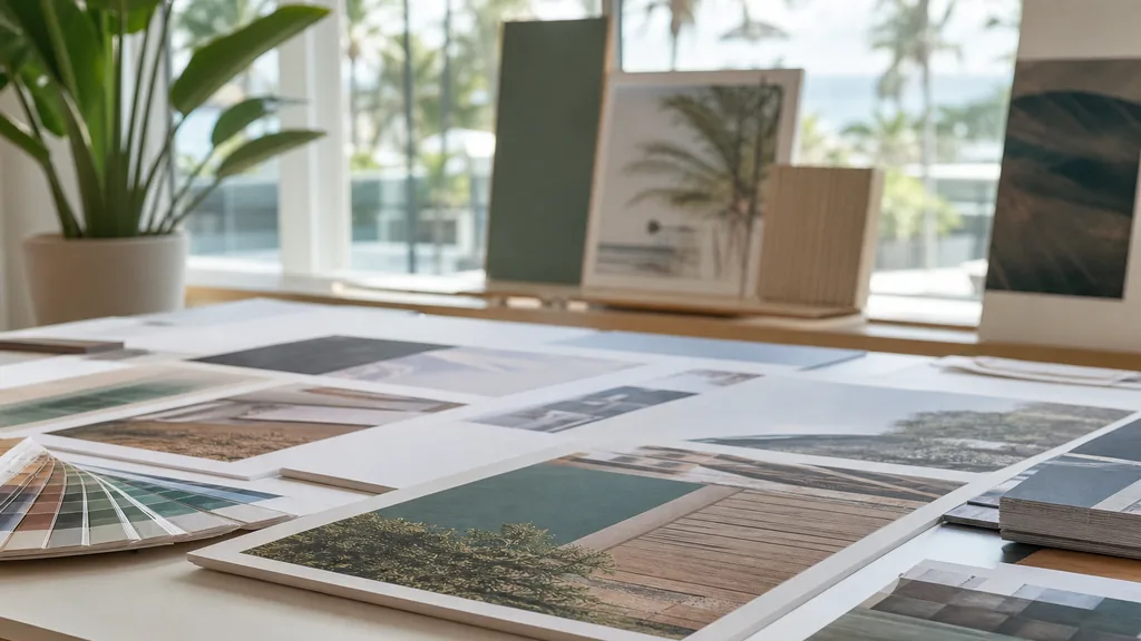 Editorial photograph of printed signage proofs and brand boards on a white table in a sunlit Florida design studio