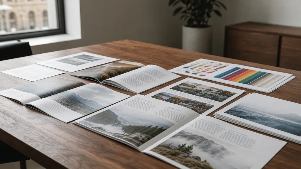 Editorial photograph of printed bilingual report layouts and colour proofs on a walnut table in a capital city design studio