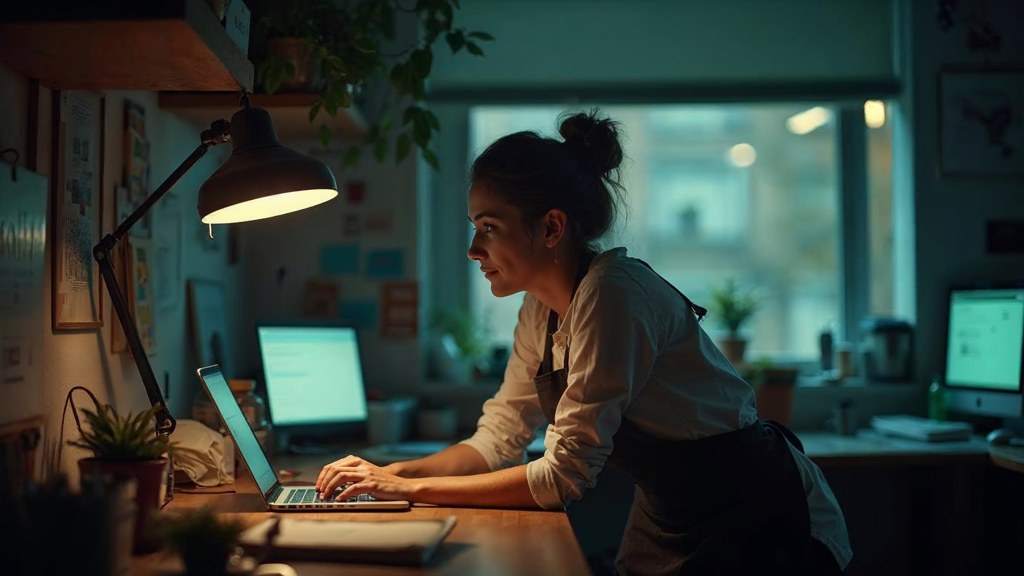 A small-business owner in an apron leaning over a laptop on a cluttered back-office desk late in the day, photographed in Stamford