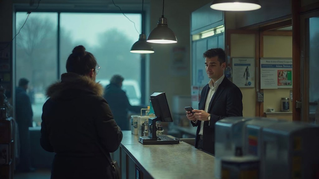 A shop manager standing behind the counter checking a phone while a customer waits at the till, photographed in Stamford