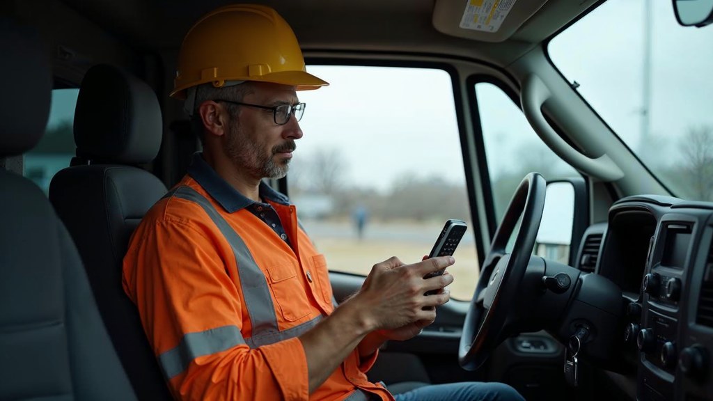 A contractor sitting in the cab of a work van reviewing a phone before driving off, photographed in Stamford