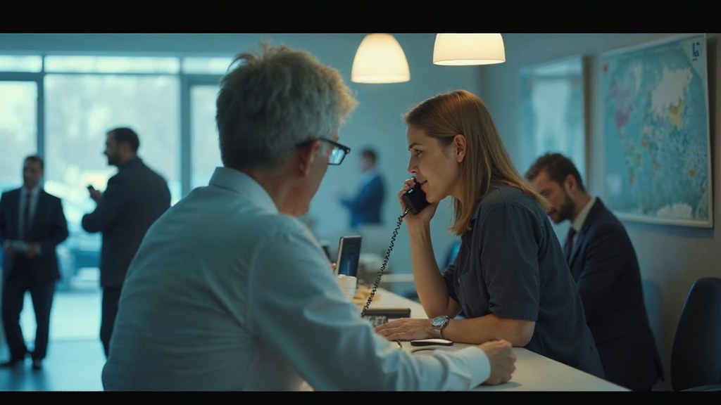 A clinic receptionist taking a phone call at a busy front desk with patients waiting, photographed in Stamford