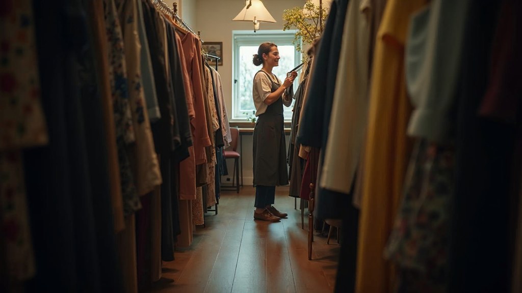 A boutique owner steaming garments in a narrow shop stockroom at opening time, photographed in Stamford