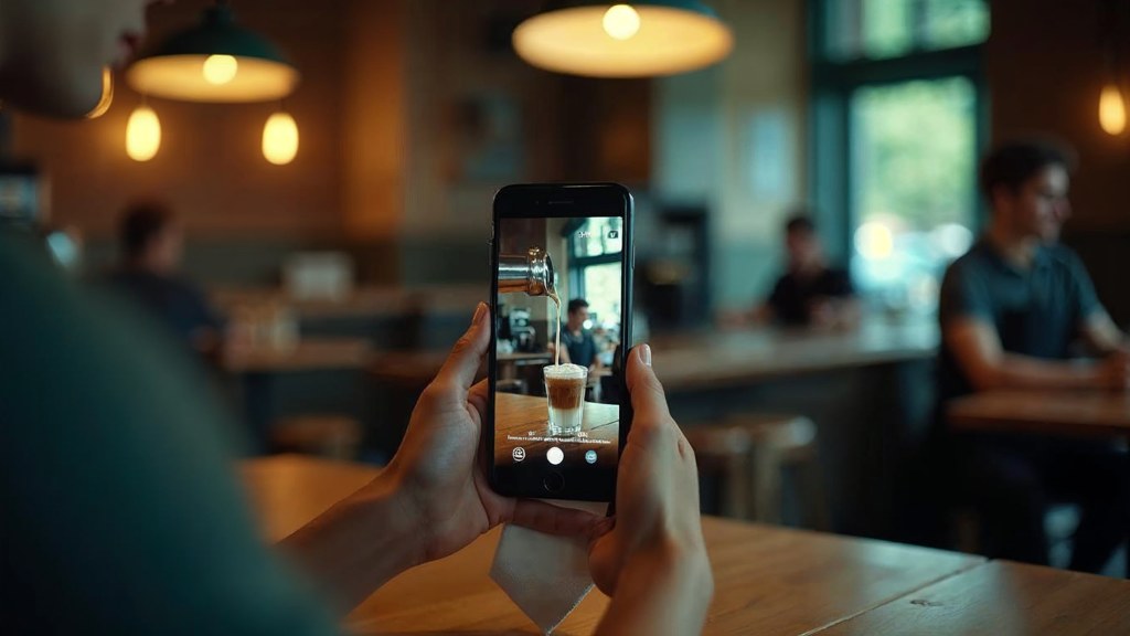 A young cafe worker filming a drink being poured on a phone propped against a napkin holder, photographed in Stamford