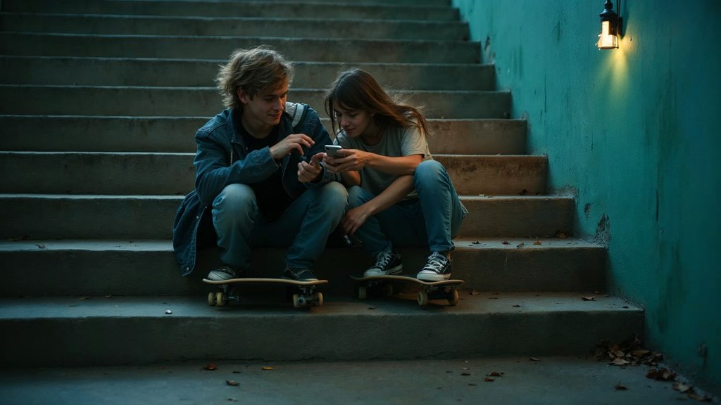 Two teenagers on skateboards looking at a phone on a set of concrete steps, photographed in Stamford