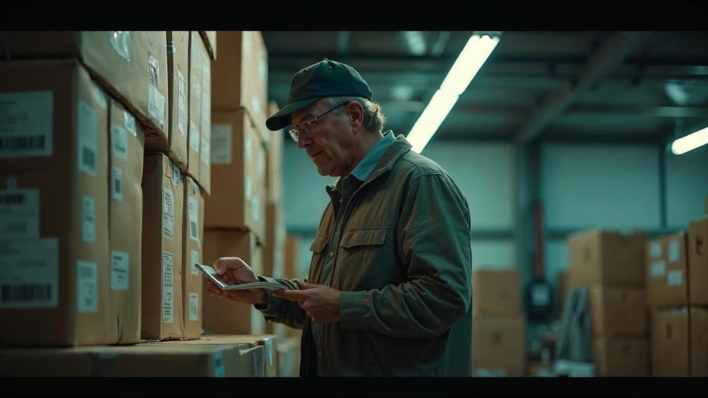 A seller checking barcodes on stacked cartons in a garage stockroom, photographed in Stamford