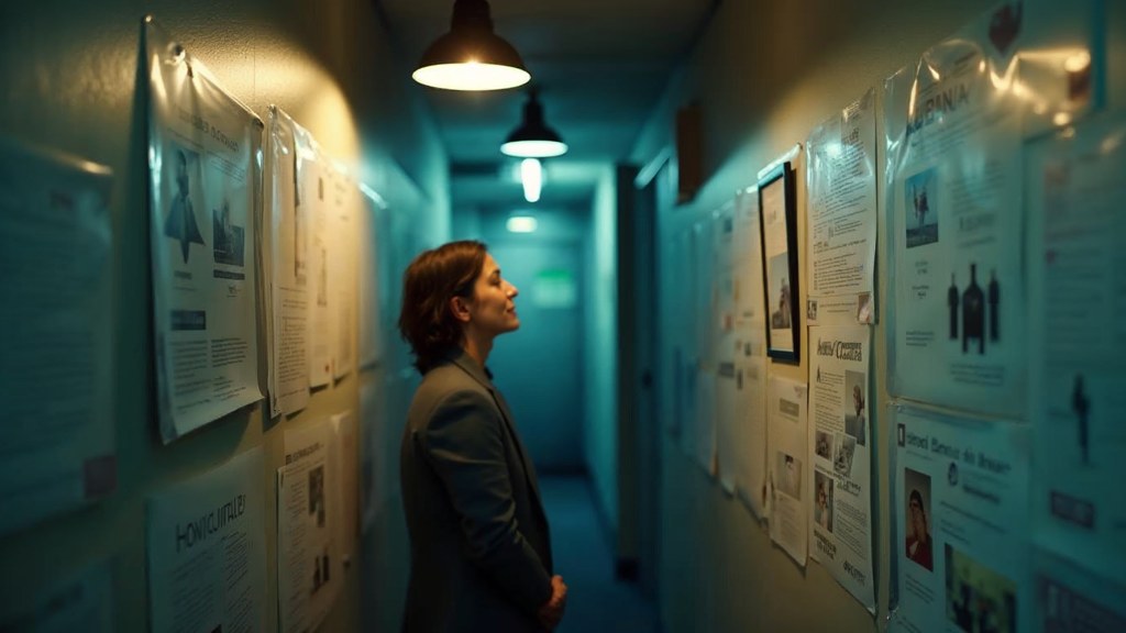 A media planner standing at a wall of printed layouts in a narrow agency corridor, photographed in Stamford