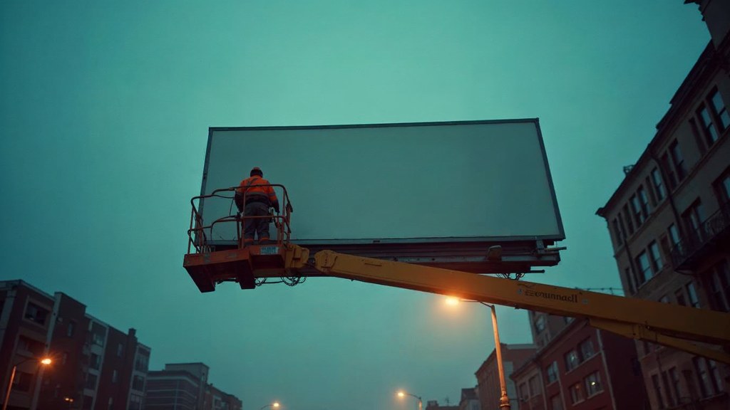 A crew member on a lift installing a blank billboard panel above a busy street, photographed in Stamford