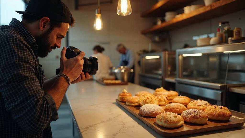 A bakery owner photographing a tray of pastries on a marble counter at dawn, photographed in Stamford