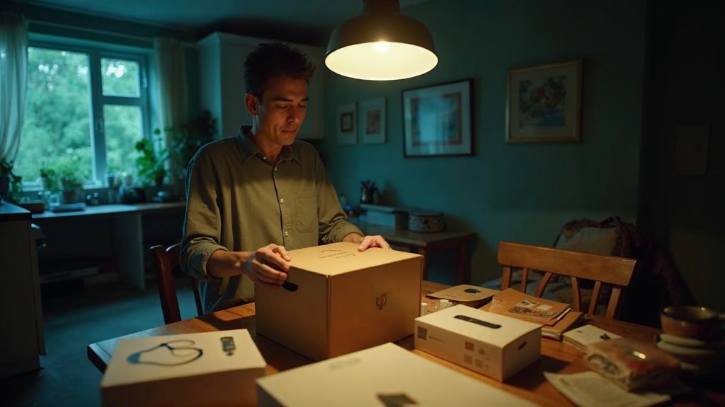 A customer filming an unboxing on a kitchen table strewn with packaging, photographed in Stamford