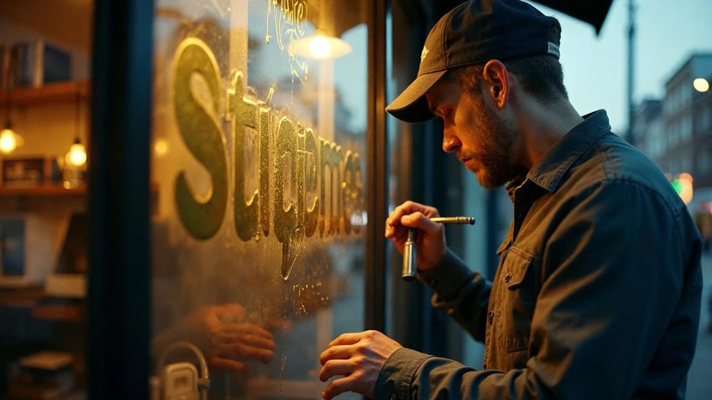 A sign painter finishing gold lettering on a shopfront window from the street side, photographed in Stamford