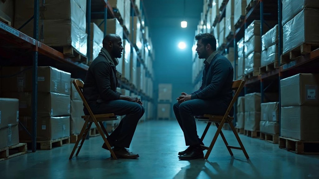 A warehouse supervisor interviewing a candidate on folding chairs beside stacked pallets, photographed in Stamford