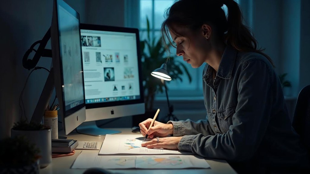A studio designer sketching a page layout on paper beside a monitor in a dim room, photographed in Stamford