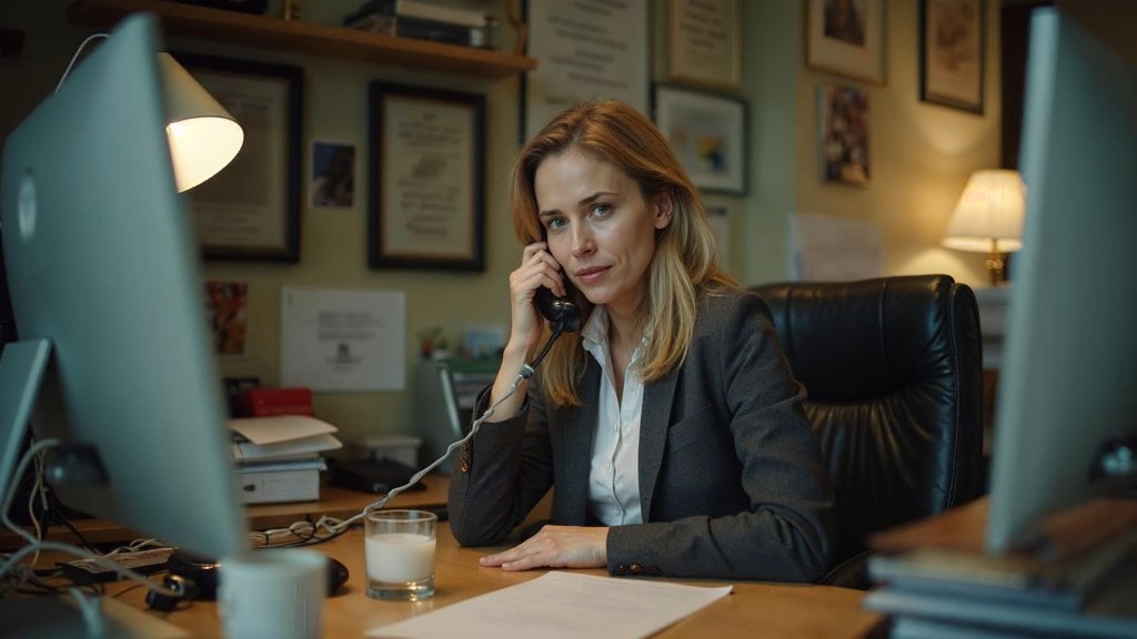 An office manager at a cluttered desk with a landline handset tucked under one ear, photographed in Stamford
