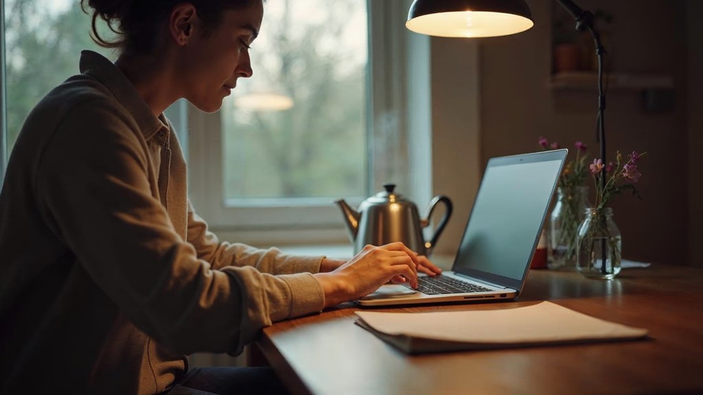 A service-business owner at a kitchen table typing a question into a laptop while a kettle steams behind, photographed in Stamford
