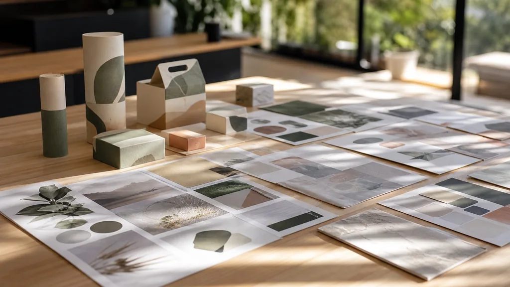 Editorial photograph of printed brand boards and colour proofs on a pale timber table in a sunlit Western Australian design studio