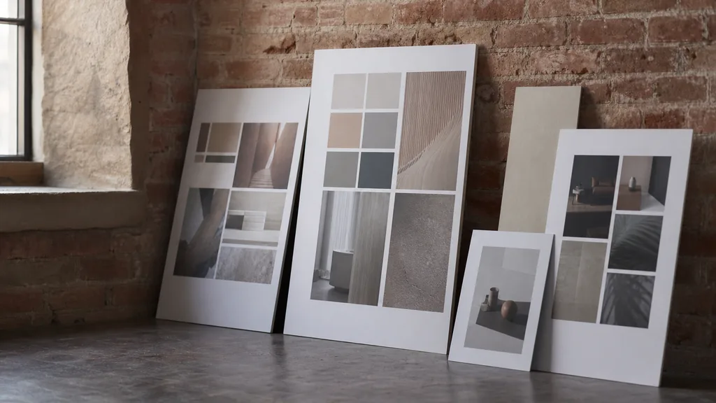 Editorial photograph of printed identity proofs and letterpress samples on a worn oak table in an old brick Philadelphia studio