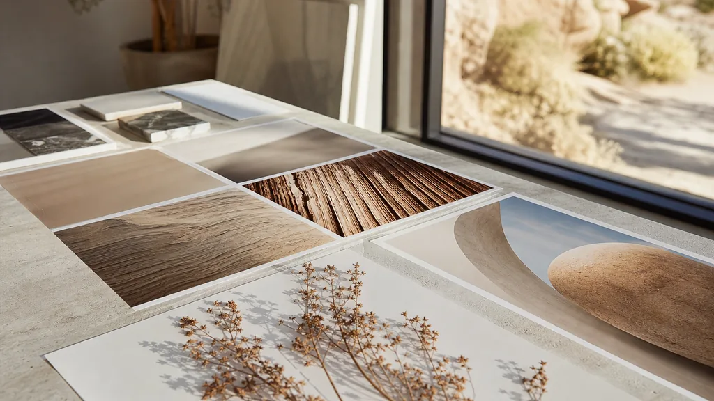 Editorial photograph of printed brand boards and colour swatches on a concrete table in a desert light filled Arizona studio