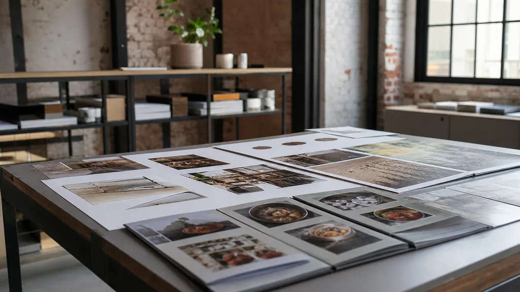 Editorial photograph of printed brand manuals and press proofs on a steel topped table in a converted Pittsburgh warehouse studio