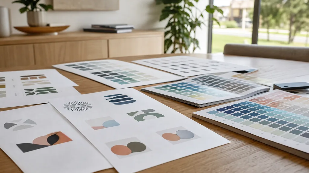 Editorial photograph of printed corporate identity boards and colour proofs on a white table in a bright North Texas design studio