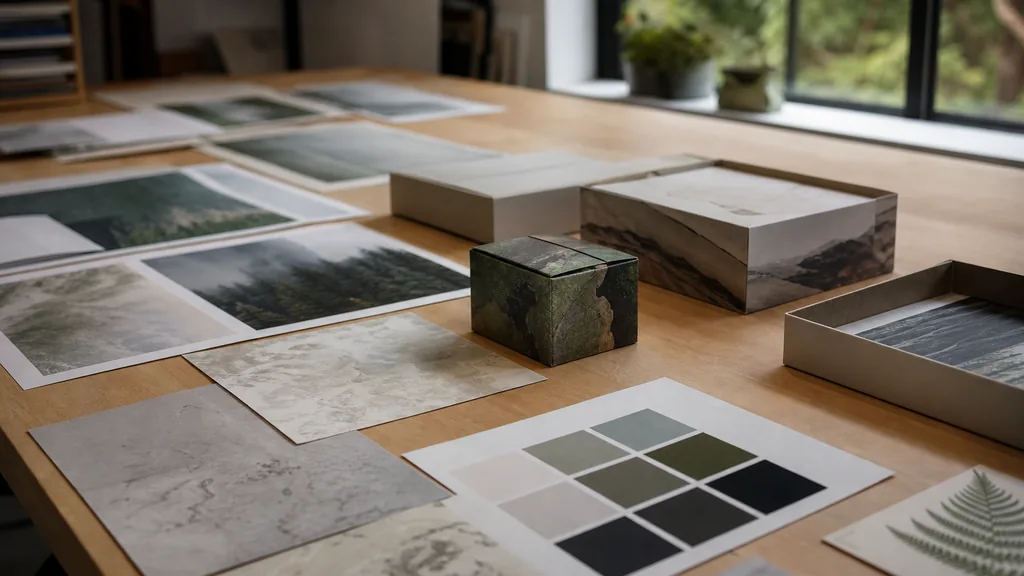 Editorial photograph of printed brand boards and packaging proofs on a birch table in a Pacific Northwest design studio