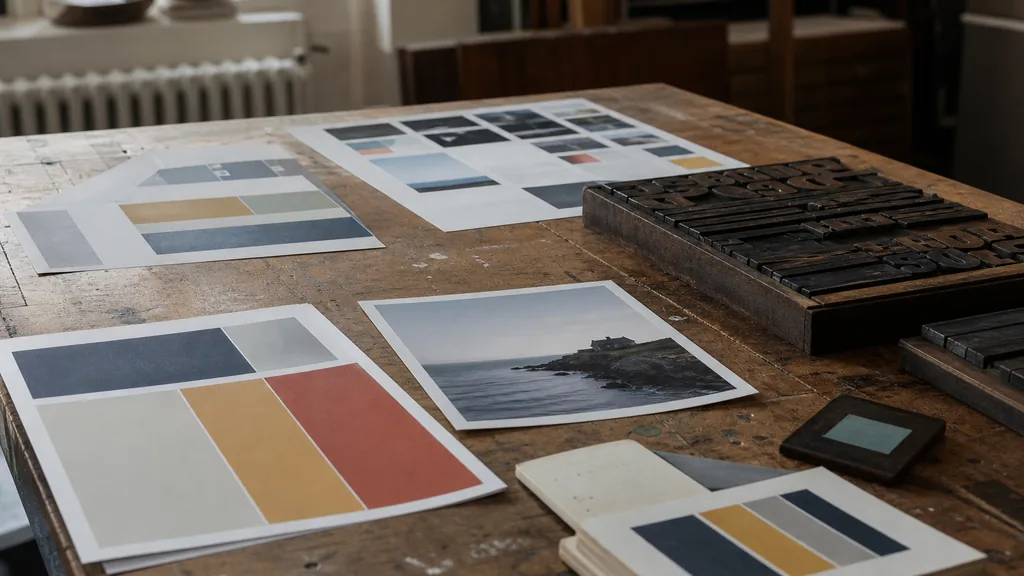 Editorial photograph of printed identity boards and letterpress proofs on a worn wooden table in a New England design studio