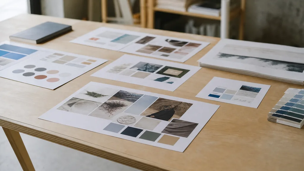 Editorial photograph of printed French language brand boards and colour proofs on a birch table in a Quebec design studio