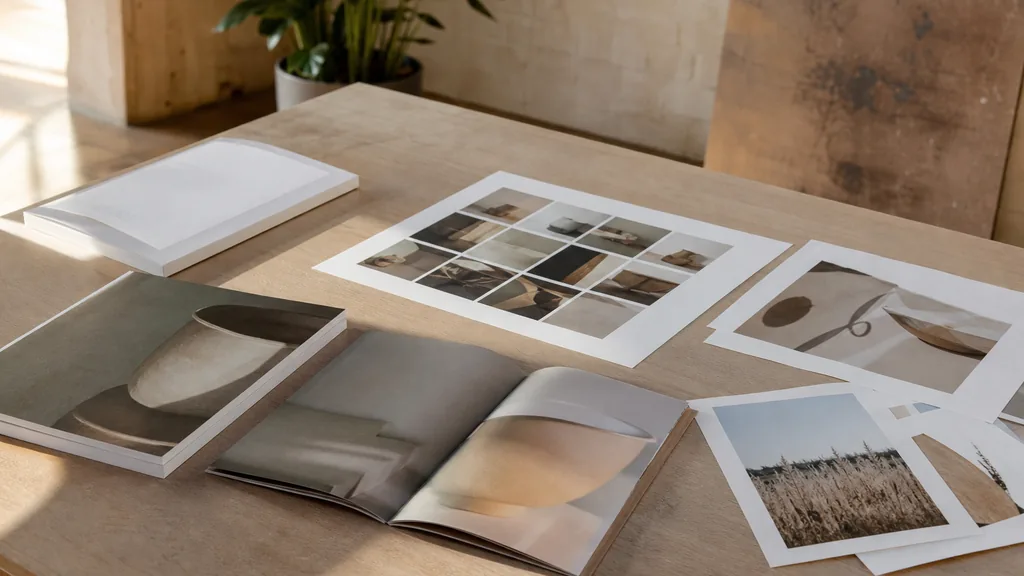 Editorial photograph of printed brand collateral and press proofs on a pale oak table in a southern design studio