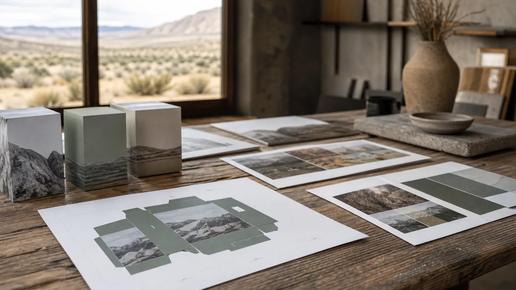 Editorial photograph of printed packaging proofs and brand boards on a reclaimed wood table in a high desert design studio