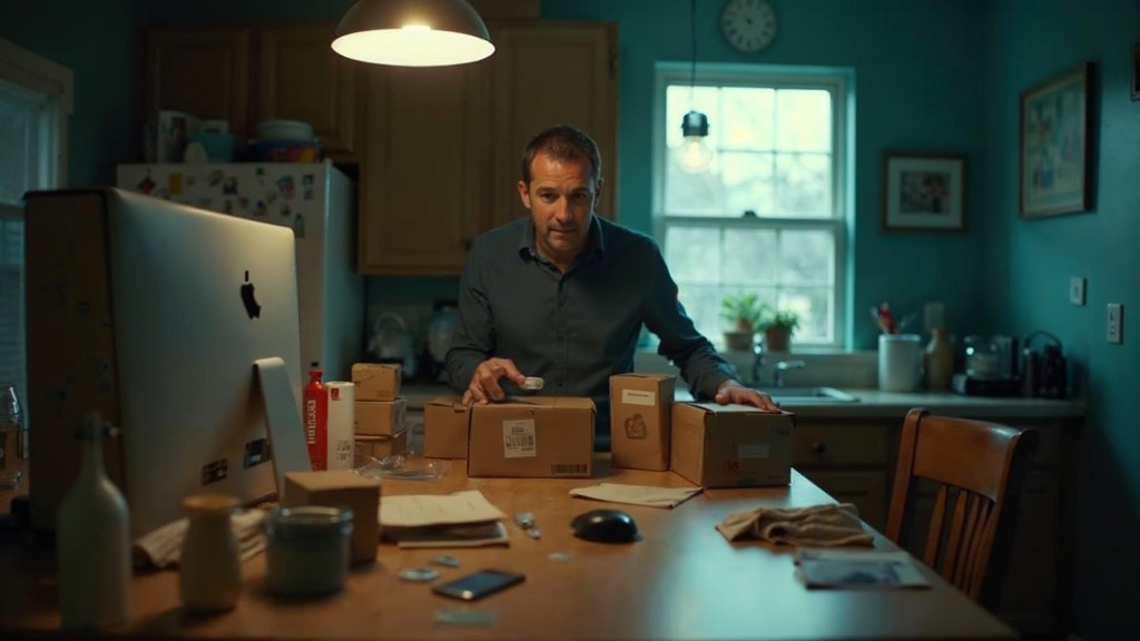 A customer filming an unboxing on a kitchen table strewn with packaging, photographed in St Louis