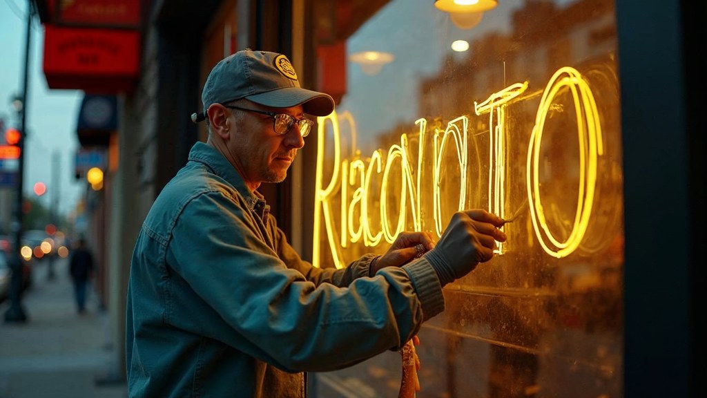 A sign painter finishing gold lettering on a shopfront window from the street side, photographed in St Louis