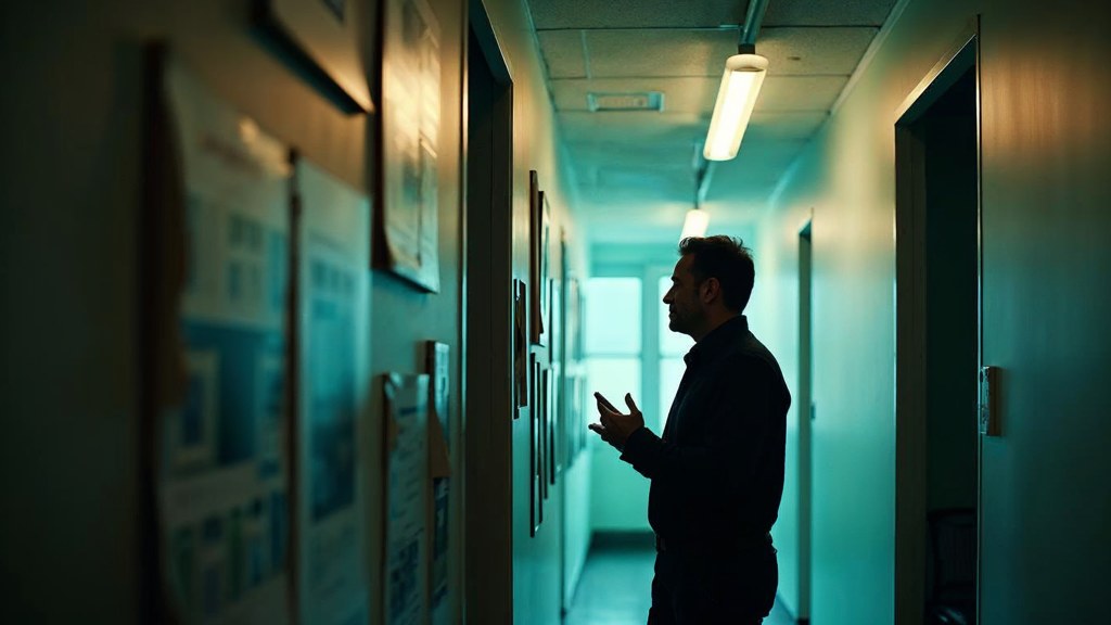 A media planner standing at a wall of printed layouts in a narrow agency corridor, photographed in St Louis