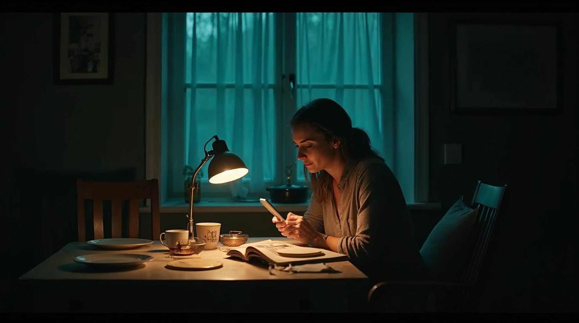 Practice owner reading an intake enquiry on her phone at a kitchen table at night, lit by one lamp