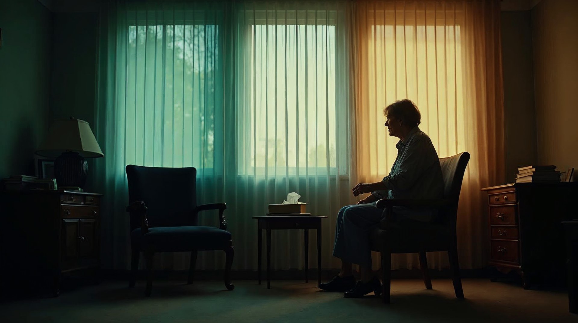 Therapist alone in a small consulting room between sessions, afternoon light through slatted blinds across two empty armchairs