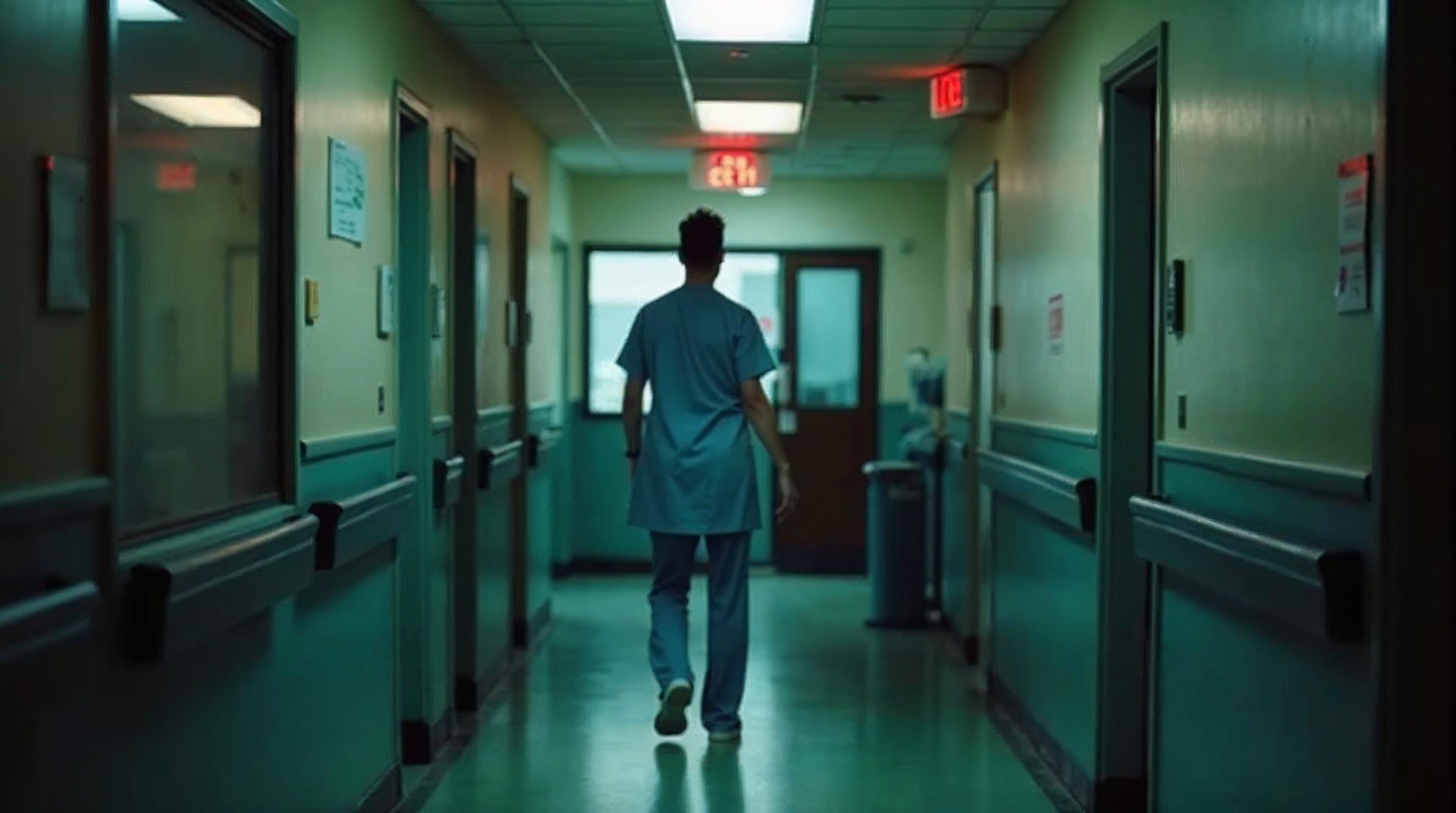 Nurse practitioner walking a suburban urgent care corridor at dusk with a full waiting room behind glass