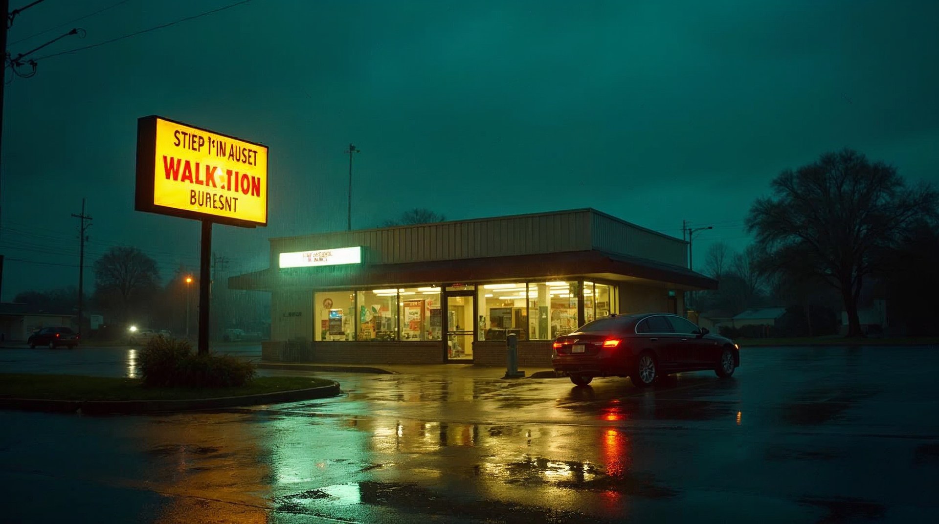 Illuminated walk-in clinic sign in the rain at night with one car pulling into the lot
