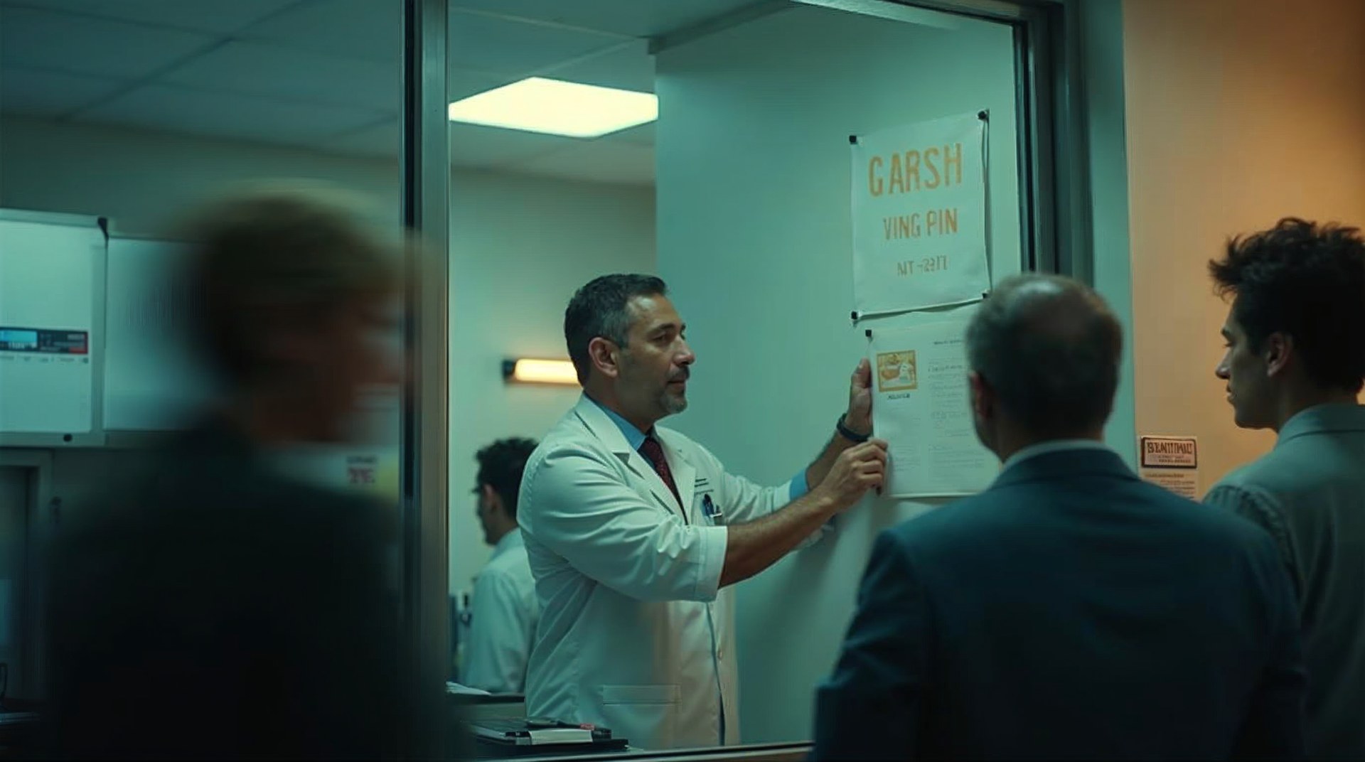 Front-desk clerk pinning a paper wait-time sign to a clinic check-in window as a queue passes