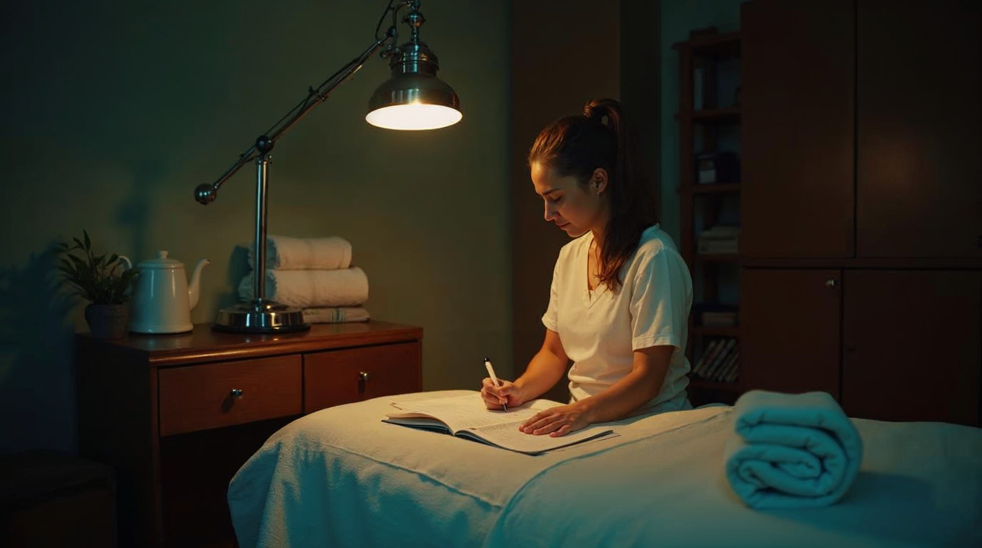Massage therapist writing in a booking ledger by lamplight in a small treatment room