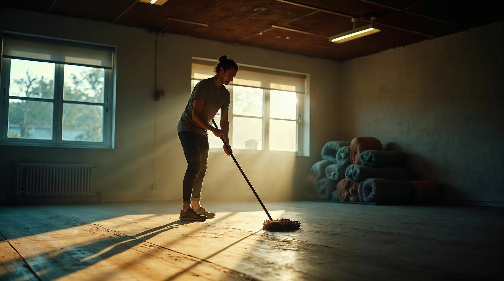 Studio owner mopping the floor of an empty yoga room at dawn with low sunrise light across bare boards