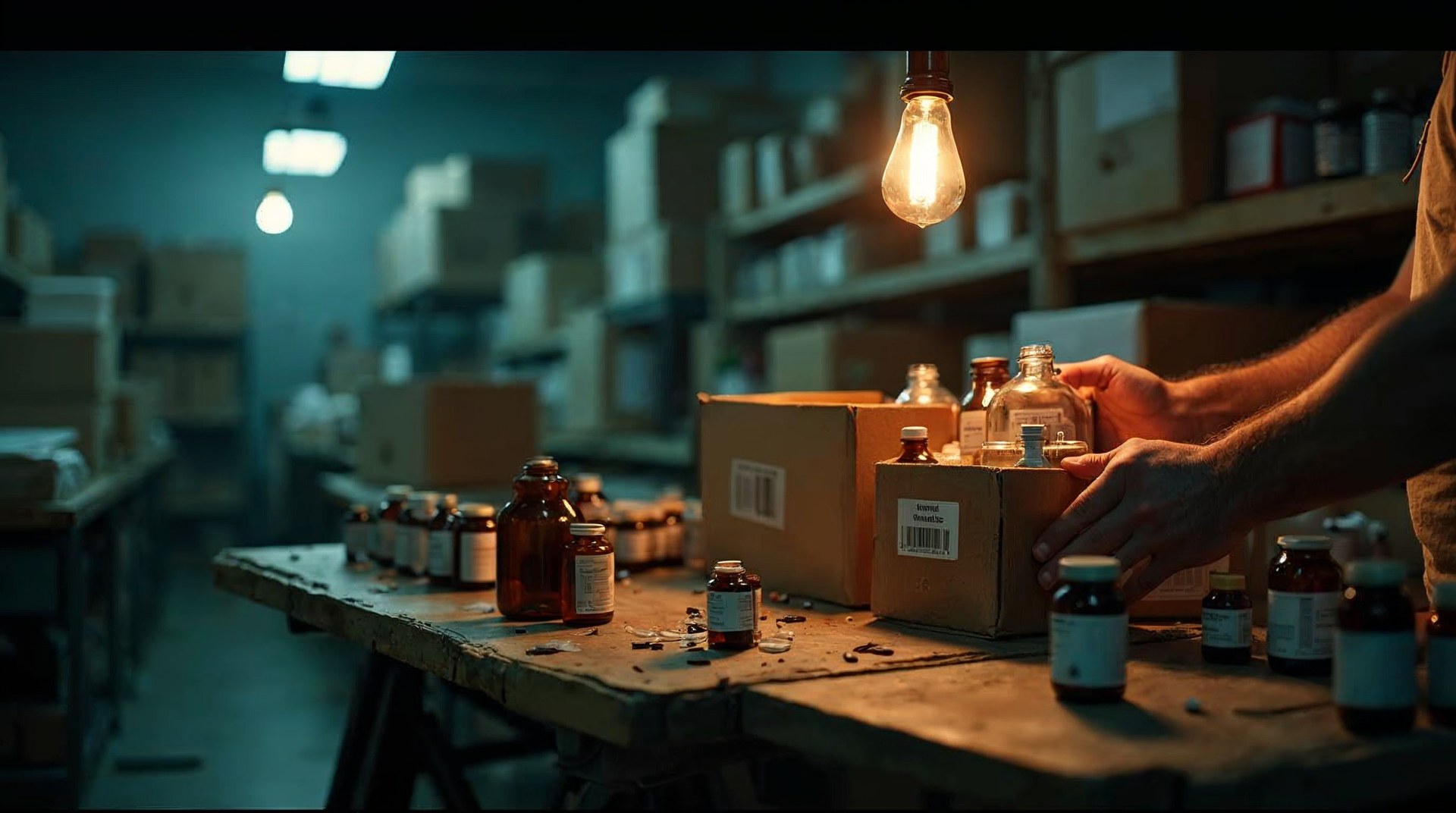 Hands packing glass supplement bottles into a shipping box on a cluttered warehouse bench
