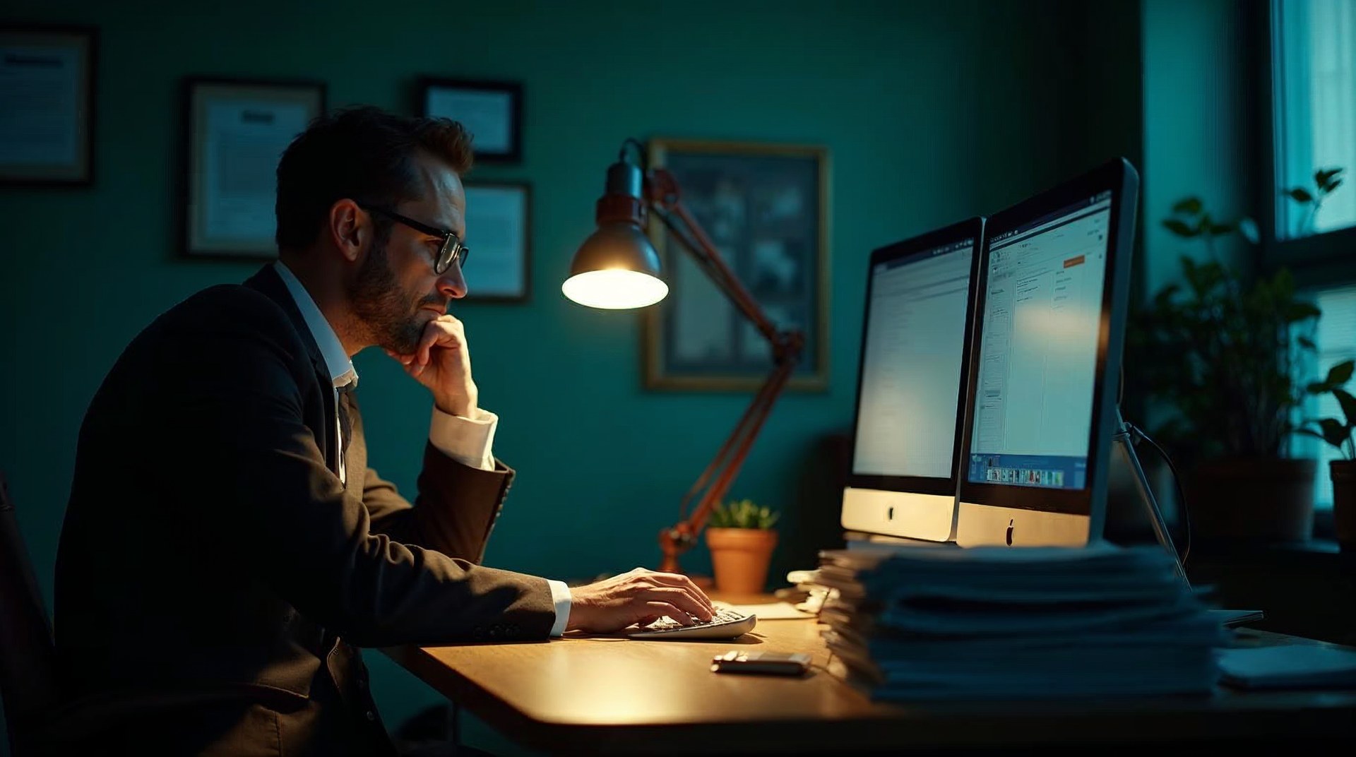 Accountant reviewing a client file on a second monitor late at night with a desk lamp across stacked folders