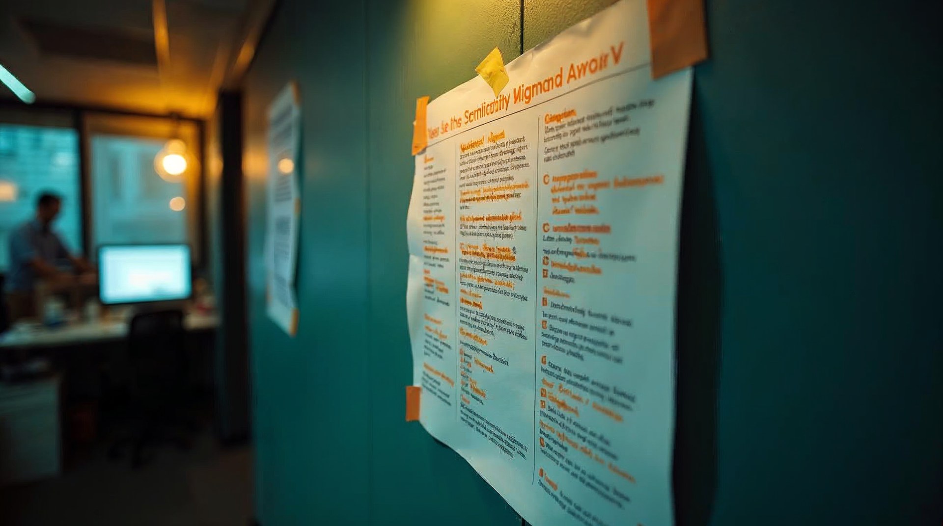 Printed campaign report marked up in orange pen taped to an agency wall