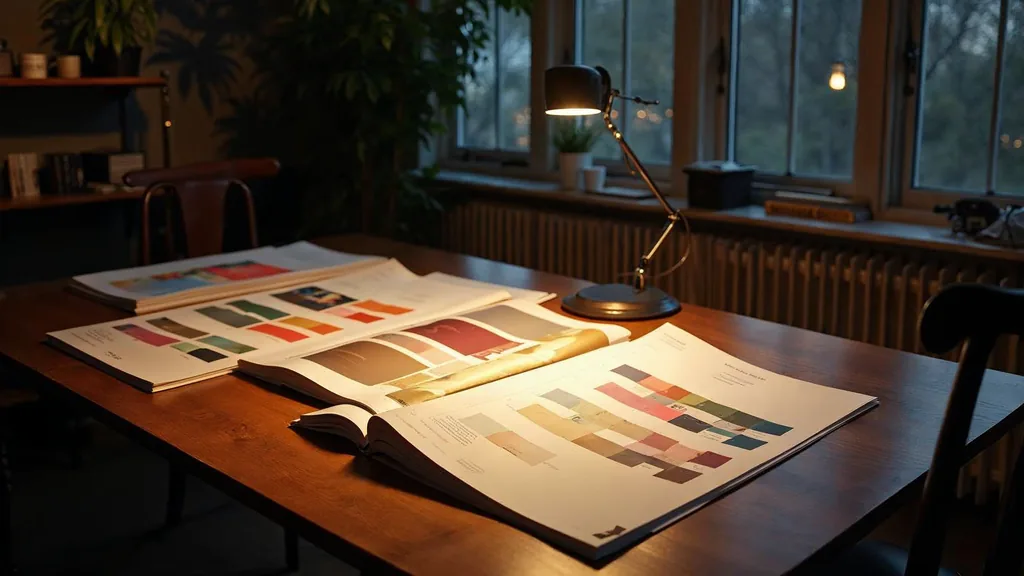 Editorial photograph of printed brand boards and packaging proofs on a walnut table in a Virginia design studio